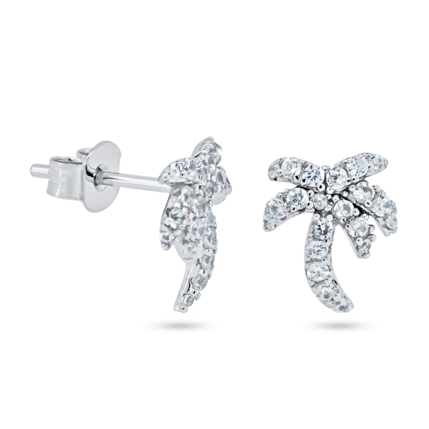 Rhodium Plated 925 Sterling Silver Palm Tree CZ Stud Earrings - STE01362