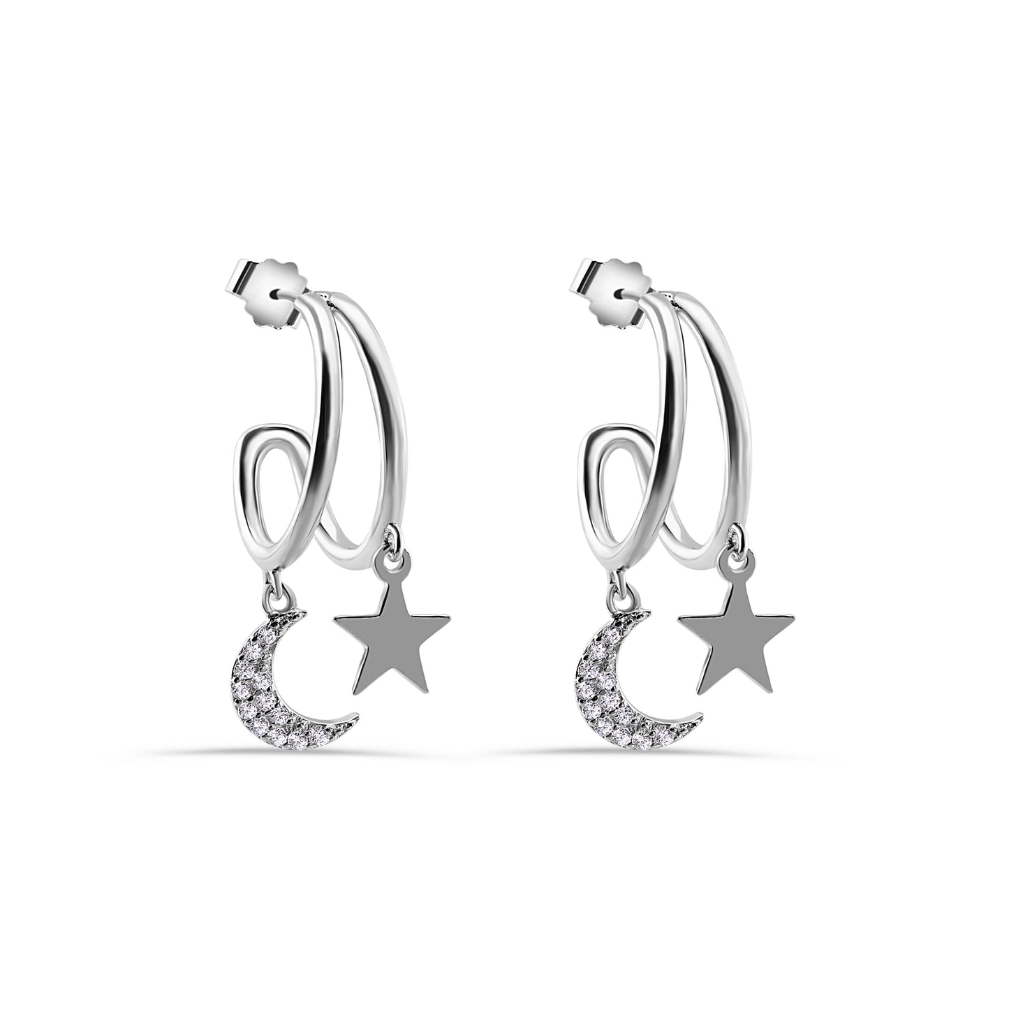 Rhodium Plated 925 Sterling Silver Moon and Star Hoop Earring - STE01383