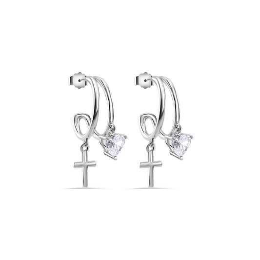 Rhodium Plated 925 Sterling Silver Heart and Cross Hoop Earring - STE01384