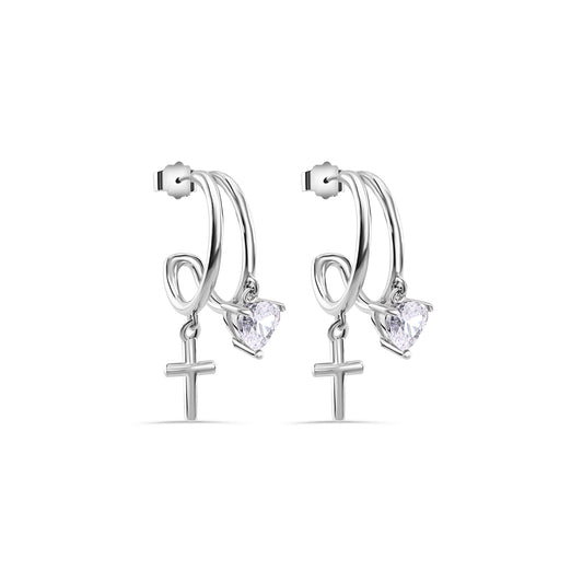 Rhodium Plated 925 Sterling Silver Heart and Cross Hoop Earring - STE01384