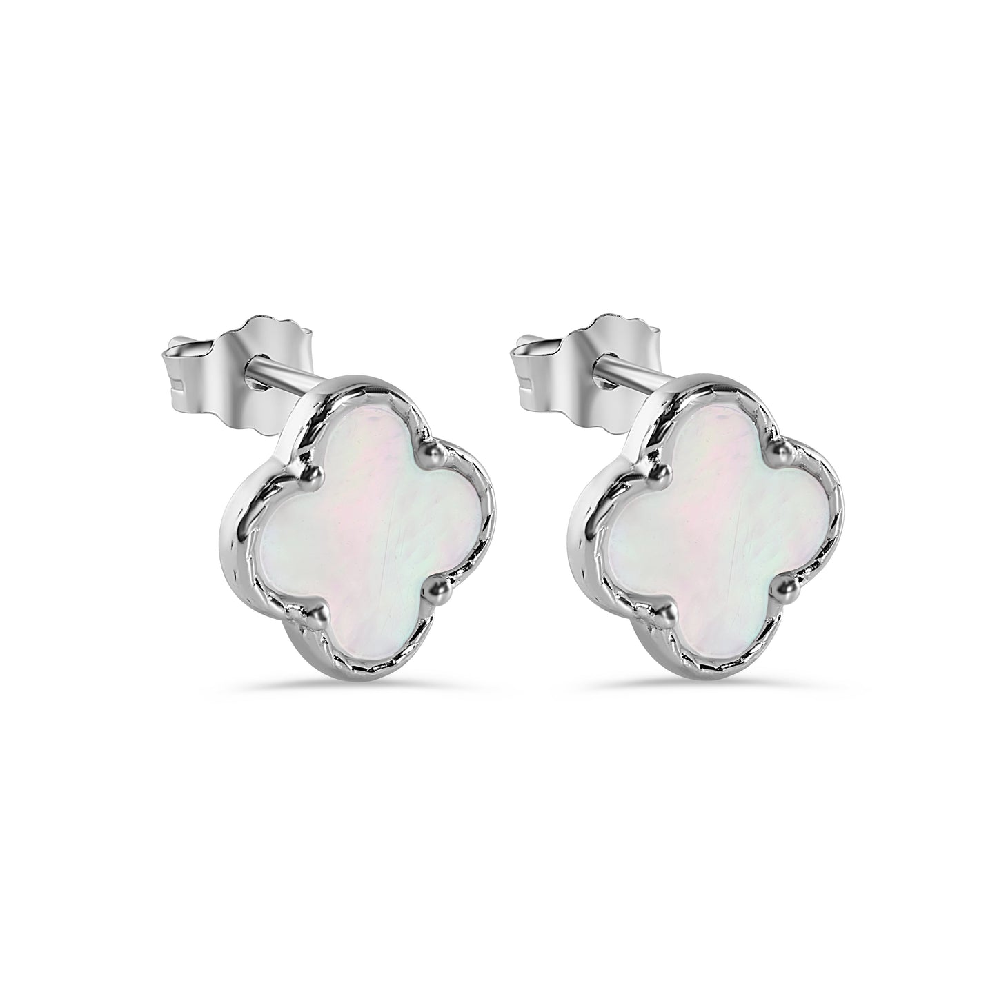 Rhodium Plated 925 Sterling Silver Syntethic Pearl Four Leaf Clover 8.2mm Stud Earring - STE01378-WHT