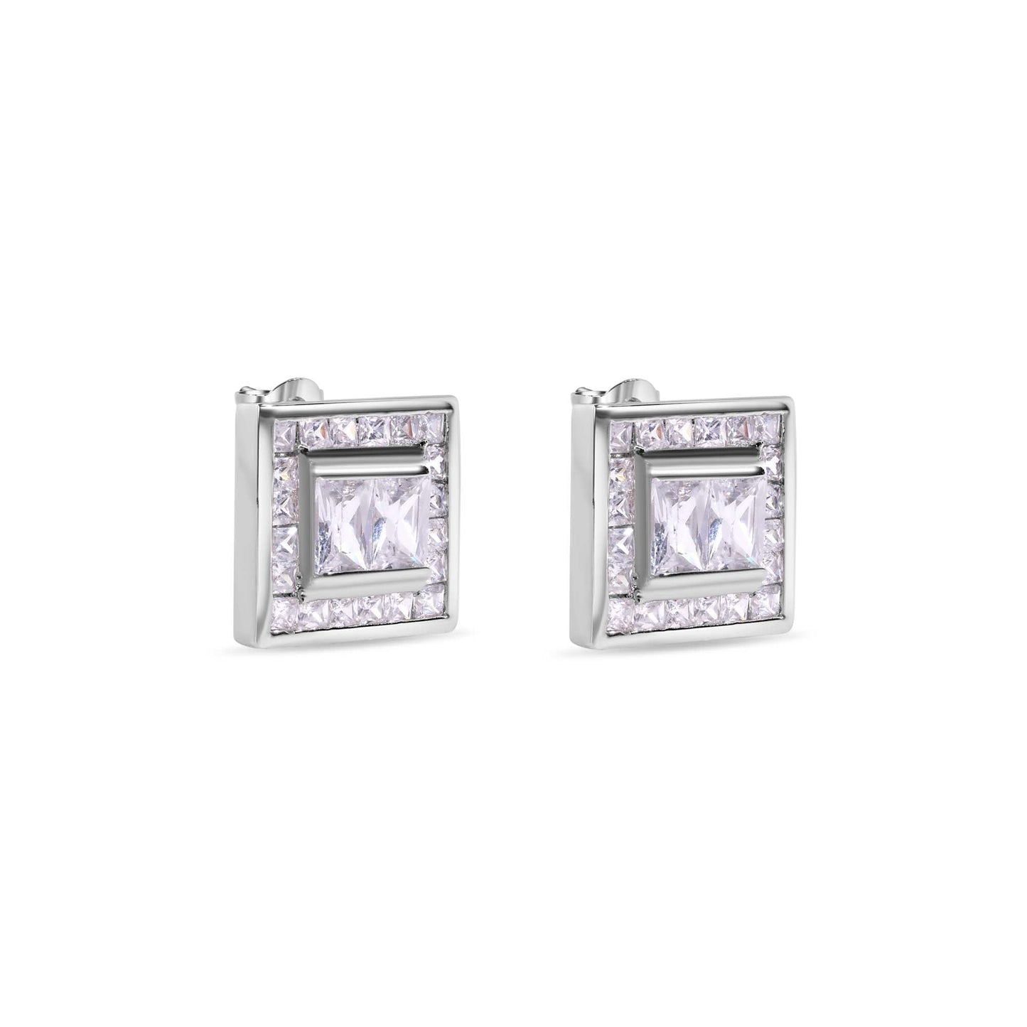 Clearance-Rhodium Plated 925 Sterling Silver Square Clear CZ Stud Earrings - STEM108