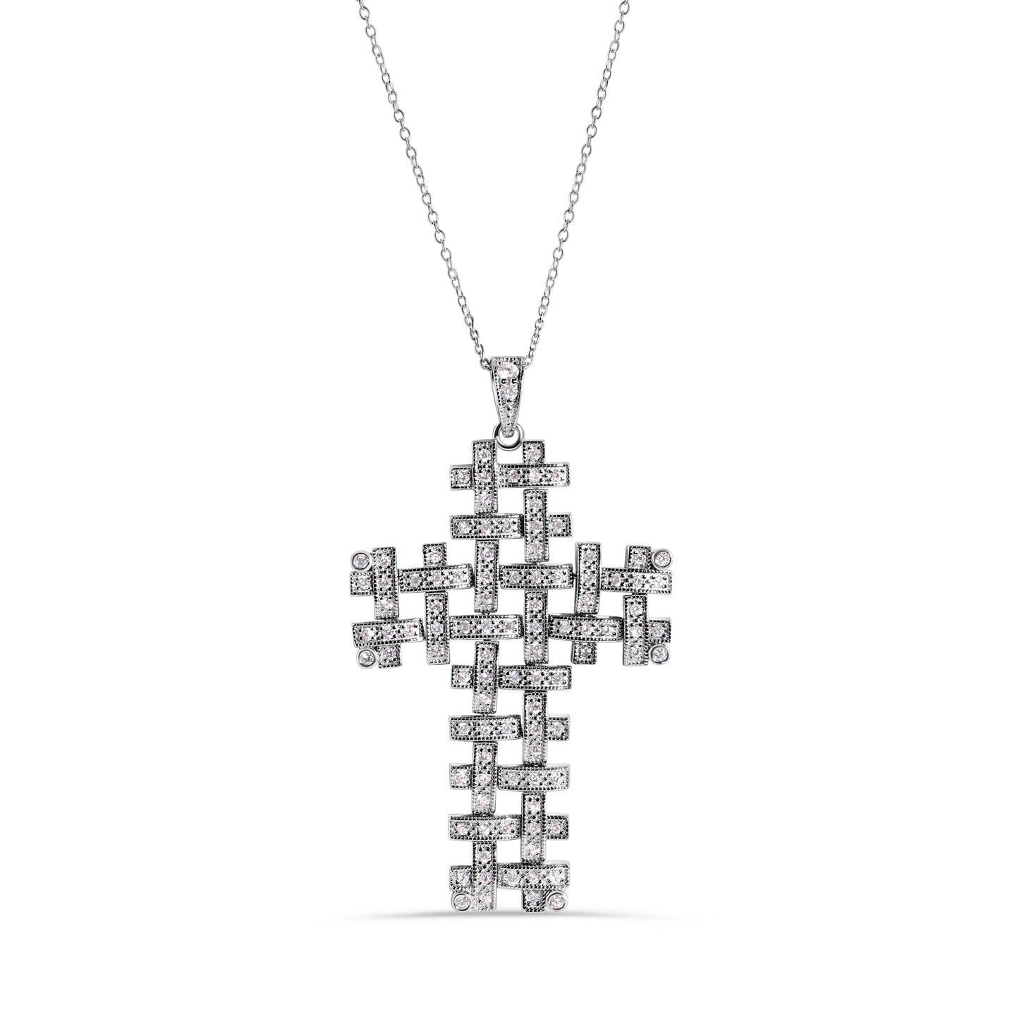 Rhodium Plated 925 Sterling Silver Weave Cross Clear CZ Pendant Adjustable Necklace - STP00305