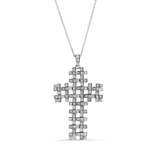 Rhodium Plated 925 Sterling Silver Weave Cross Clear CZ Pendant Adjustable Necklace - STP00305