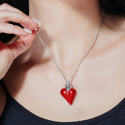 Rhodium Plated 925 Sterling Silver Red Enamel Heart Necklace - STP00845
