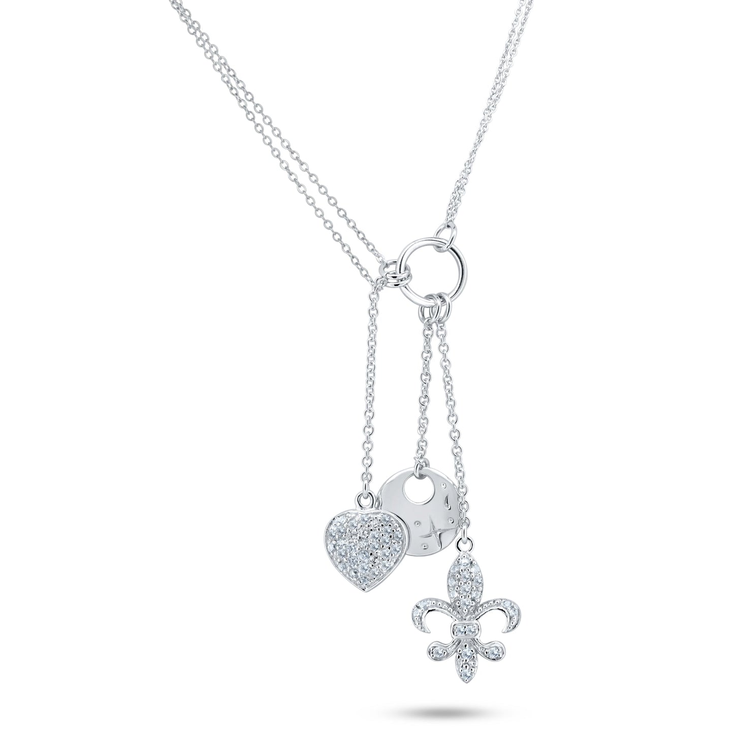 Clearance-Rhodium Plated 925 Sterling Silver Clear CZ Flor De Lis, Heart, Disc Charm Necklace - STP00850