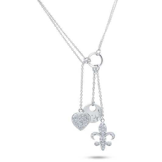Clearance-Rhodium Plated 925 Sterling Silver Clear CZ Flor De Lis, Heart, Disc Charm Necklace - STP00850