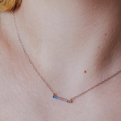 Rhodium Plated 925 Sterling Silver Rainbow Multi Color CZ Bar Necklace - STP01732