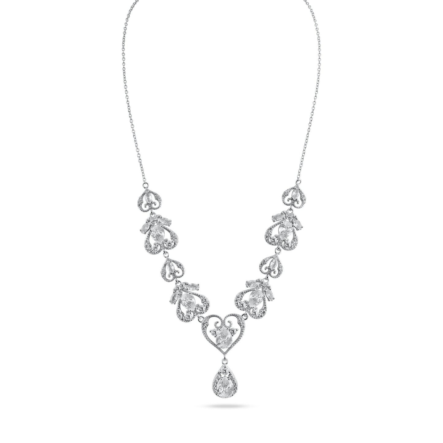 Rhodium Plated 925 Sterling Silver Victorian Hearts Teardrop Clear CZ Tennis Necklace - STP01841 | Silver Palace Inc.