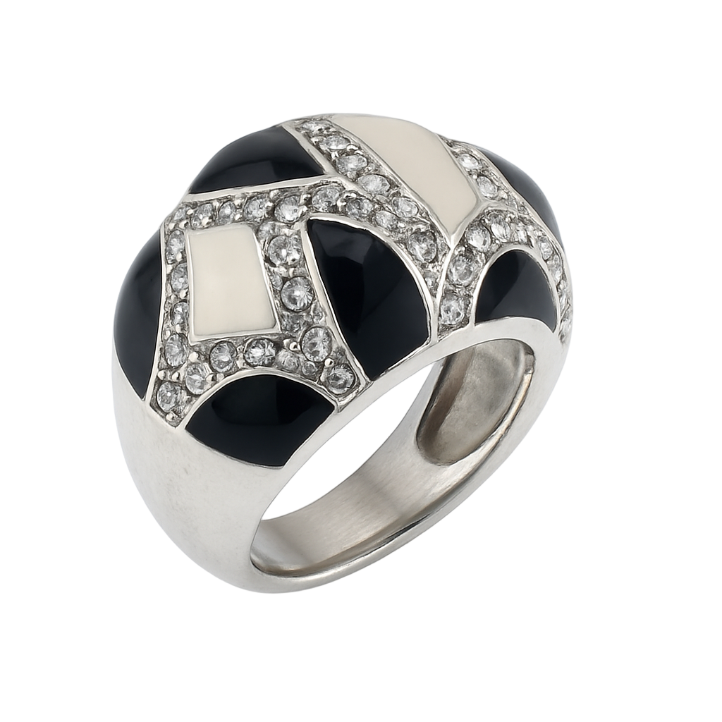 Silver ring with black and white gemstones on a white background