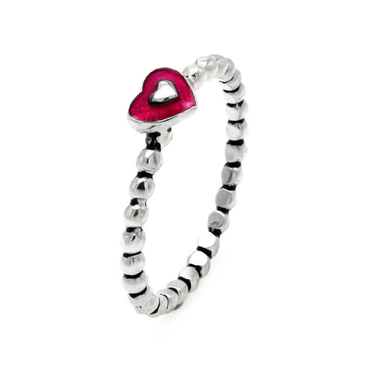 925 Sterling Silver Nickel Free Black and Rhodium Plated Pink Heart Beaded Band Ring - STR00898