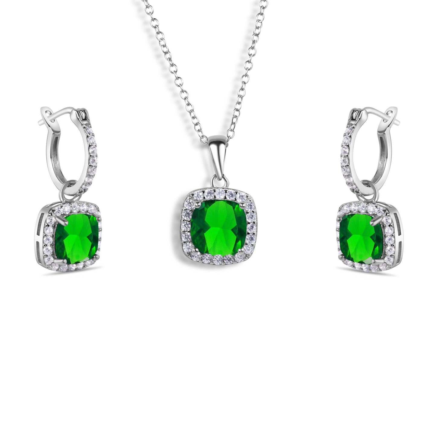 Rhodium Plated 925 Sterling Silver Green and Clear Square CZ Set - STS00549-GREEN