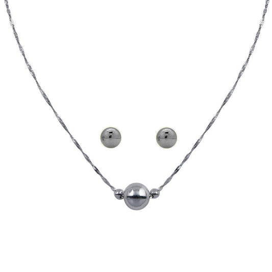 Rhodium Plated 925 Sterling Silver 3 Beads Singapore Chain Necklace & Earring Set - STS00556