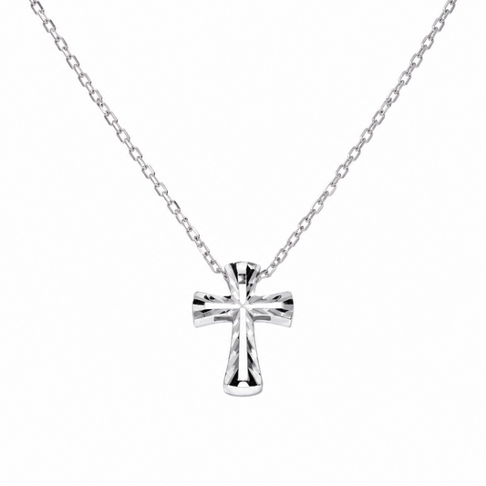 Rhodium Plated 925 Sterling Silver Diamond Cut Cross Necklace - TGN00020