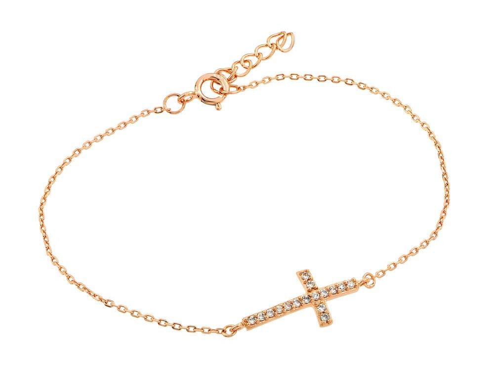 Silver 925 Rose Gold Plated Sideways Cross CZ Bracelet - BGB00127RGP | Silver Palace Inc.