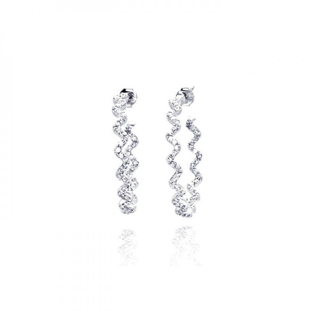 Rhodium Plated 925 Sterling Silver Zigzag CZ Hoop Earrings - STE00533 | Silver Palace Inc.