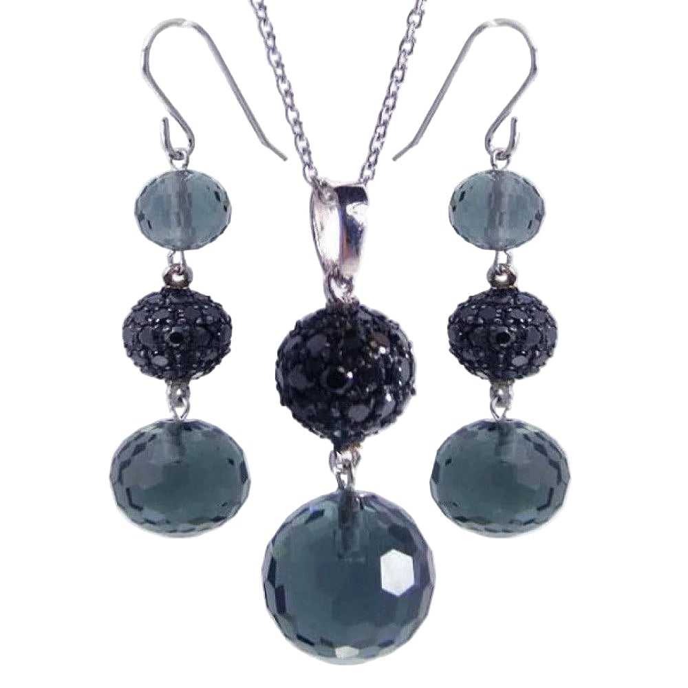 Closeout-Silver Black and Rhodium Plated Graduated Multicolor Round CZ Dangling Hook Earring and Necklace Set - STS00188 | Silver Palace Inc.