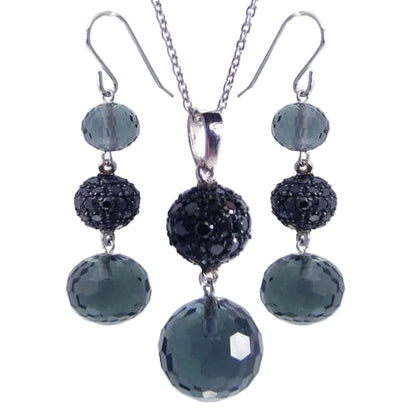 Closeout-Silver Black and Rhodium Plated Graduated Multicolor Round CZ Dangling Hook Earring and Necklace Set - STS00188 | Silver Palace Inc.