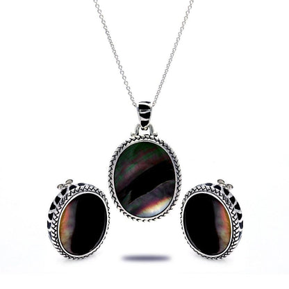 Closeout-Silver 925 Rhodium Plated Black Oval MOP CZ Stud Earring and Necklace Set - STS00368 | Silver Palace Inc.