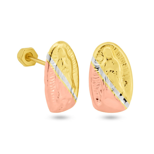 14 Karat Yellow Gold Three Tone Lady of Guadalupe Screw Back Earrings | Silver Palace Inc.
