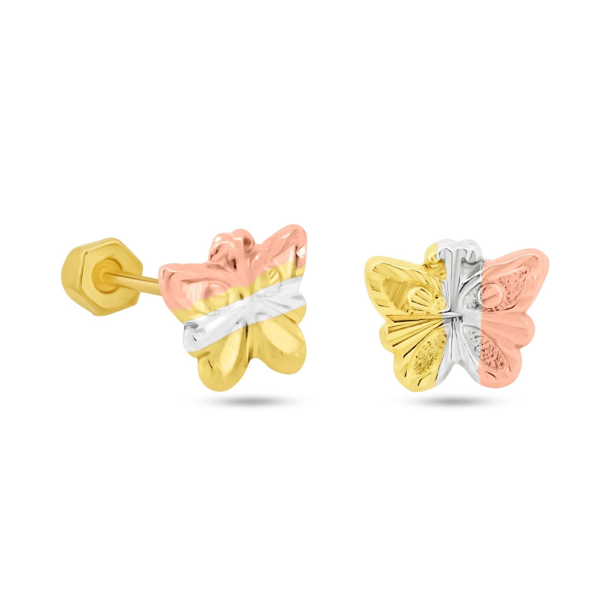 14 Karat Yellow Gold Three Tone Diamond Cut Butterfly Screw Back Earrings | Silver Palace Inc.