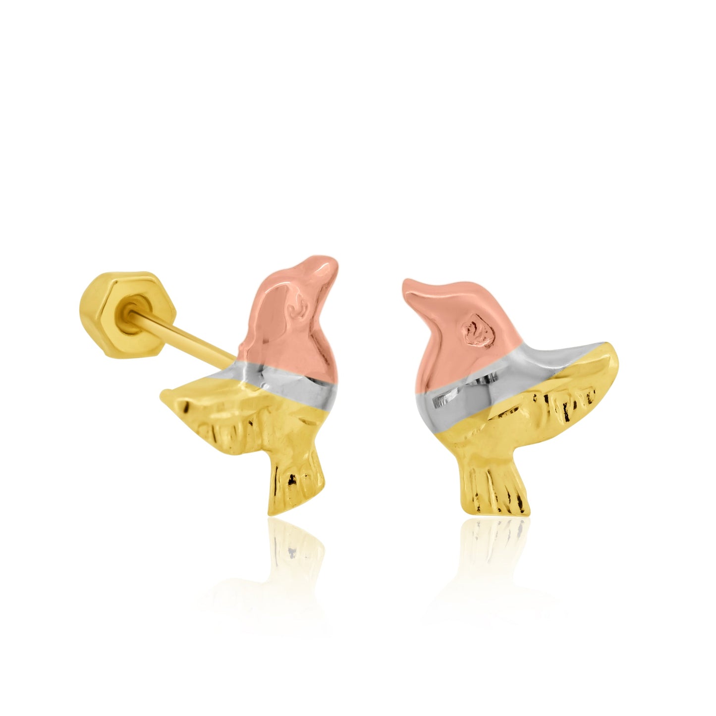 14 Karat Yellow Gold Three Tone Diamond Cut Dove Screw Back Earrings | Silver Palace Inc.