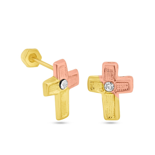 14 Karat Yellow Gold Three Tone Textured Cross Screw Back Earrings | Silver Palace Inc.