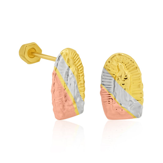 14 Karat Yellow Gold Three Tone Textured Lady of Guadalupe Screw Back Earrings | Silver Palace Inc.