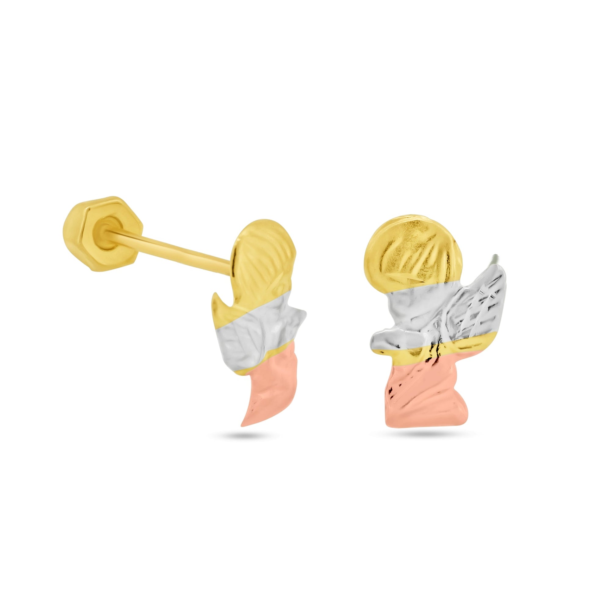 14 Karat Yellow Gold Three Tone Diamond Cut Angel Screw Back Earrings | Silver Palace Inc.