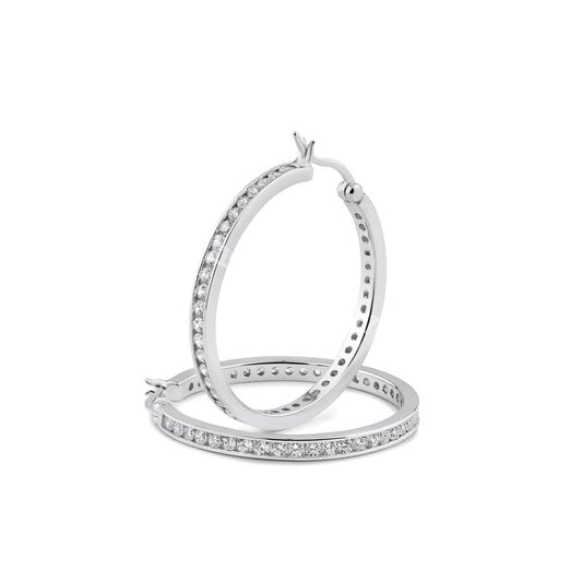 Silver 925 Rhodium Plated Round Clear CZ Hoop Earrings - AAE00002-35MM | Silver Palace Inc.