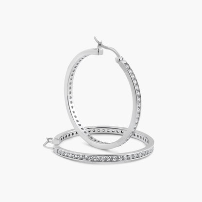 Silver 925 Rhodium Plated Round Clear CZ Hoop Earrings - AAE00002-40MM | Silver Palace Inc.