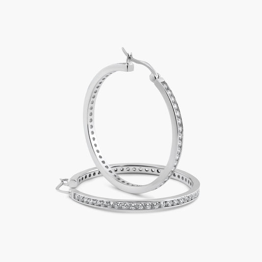 Silver 925 Rhodium Plated Round Clear CZ Hoop Earrings - AAE00002-40MM | Silver Palace Inc.