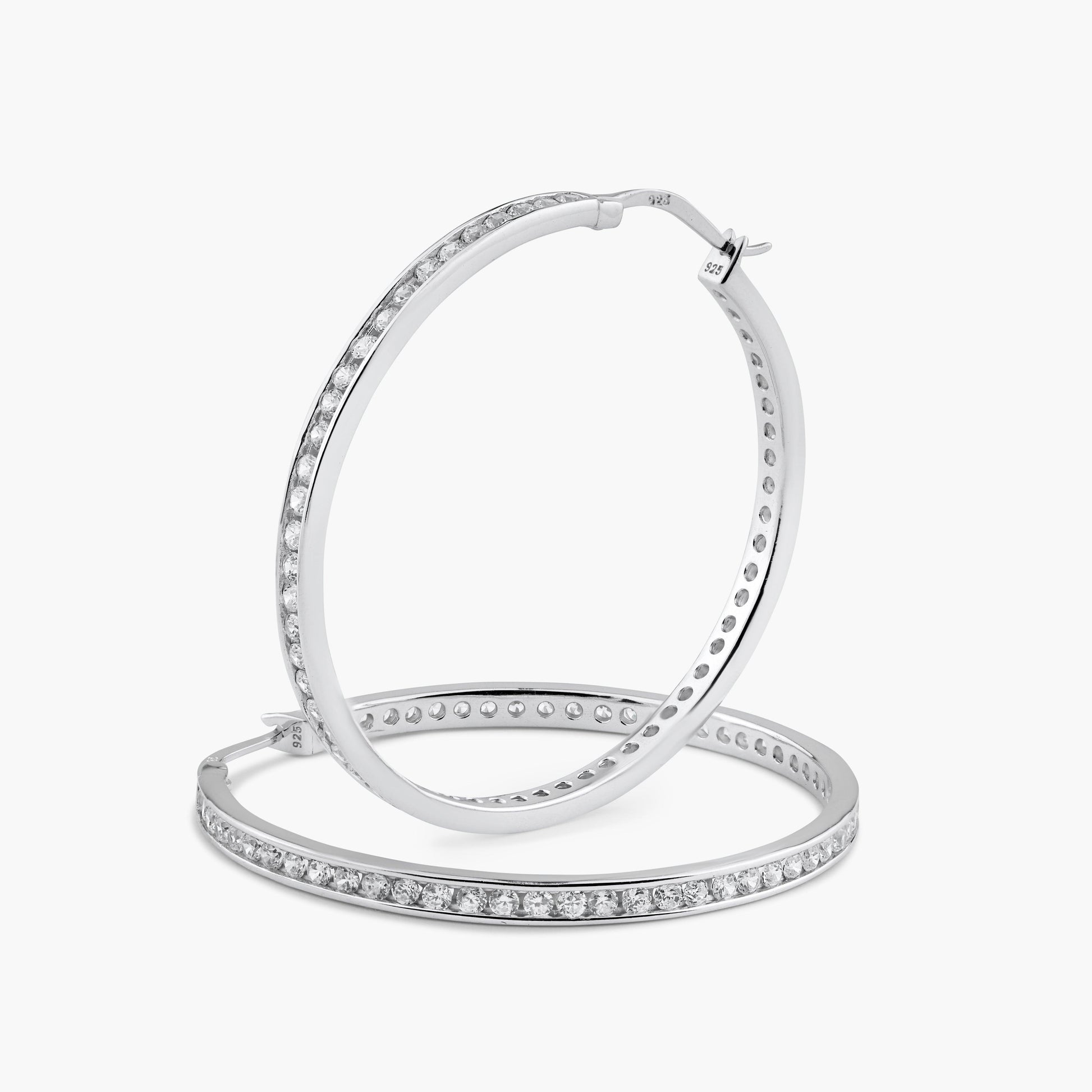 Silver 925 Rhodium Plated Round Clear CZ Hoop Earrings - AAE00002-45MM | Silver Palace Inc.