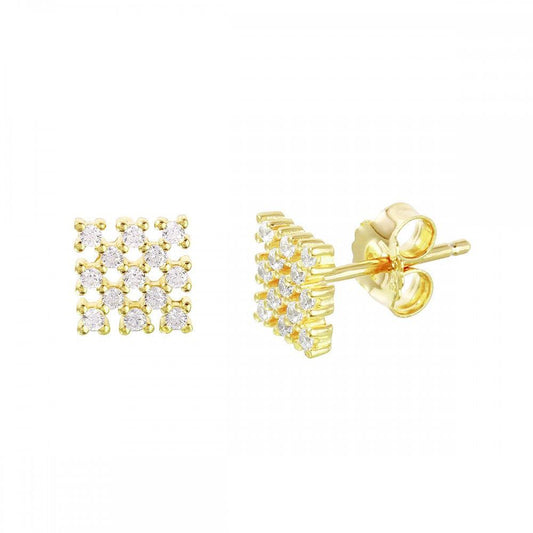 Silver 925 Gold Plated Small Square Checkered CZ Stud Earrings - ACE00078GP | Silver Palace Inc.