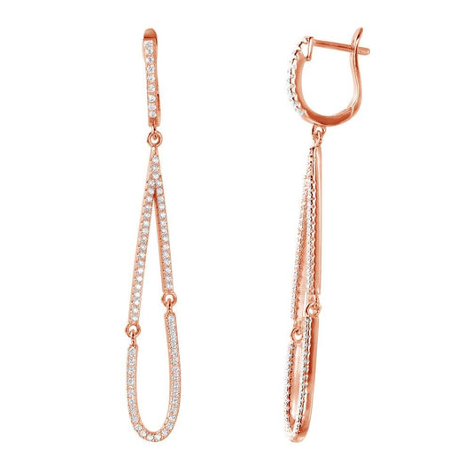 Silver 925 Rose Gold Plated Dangling Open Tear Drop CZ huggie hoop Earrings - ACE00098RGP | Silver Palace Inc.