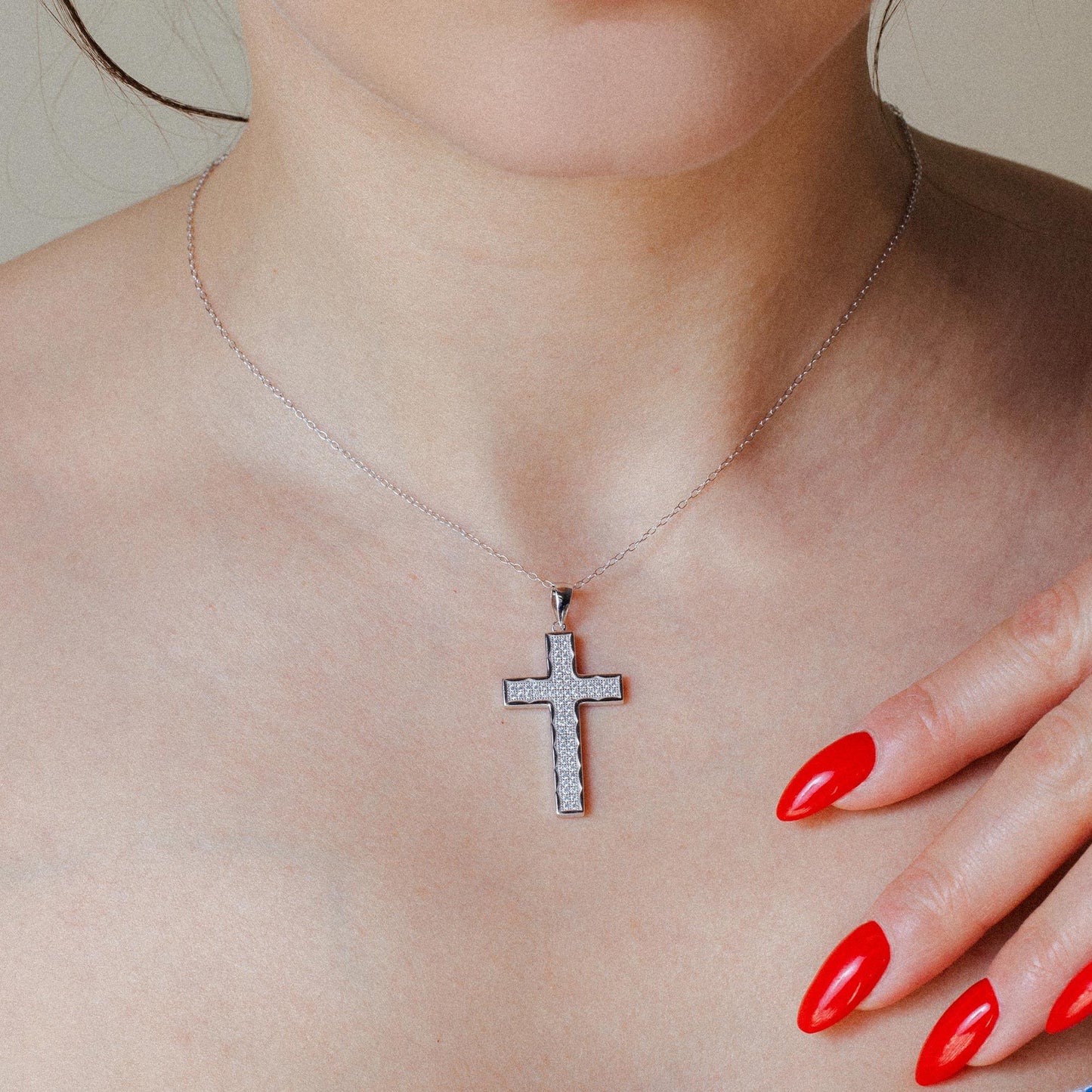 Silver 925 Rhodium Plated Cross CZ Dangling Pendant - ACP00032