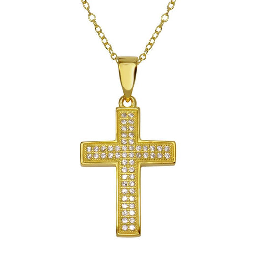 Silver 925 Gold Plated Cross Inlay Micro Pave CZ Cross Pendant - ACP00069GP | Silver Palace Inc.