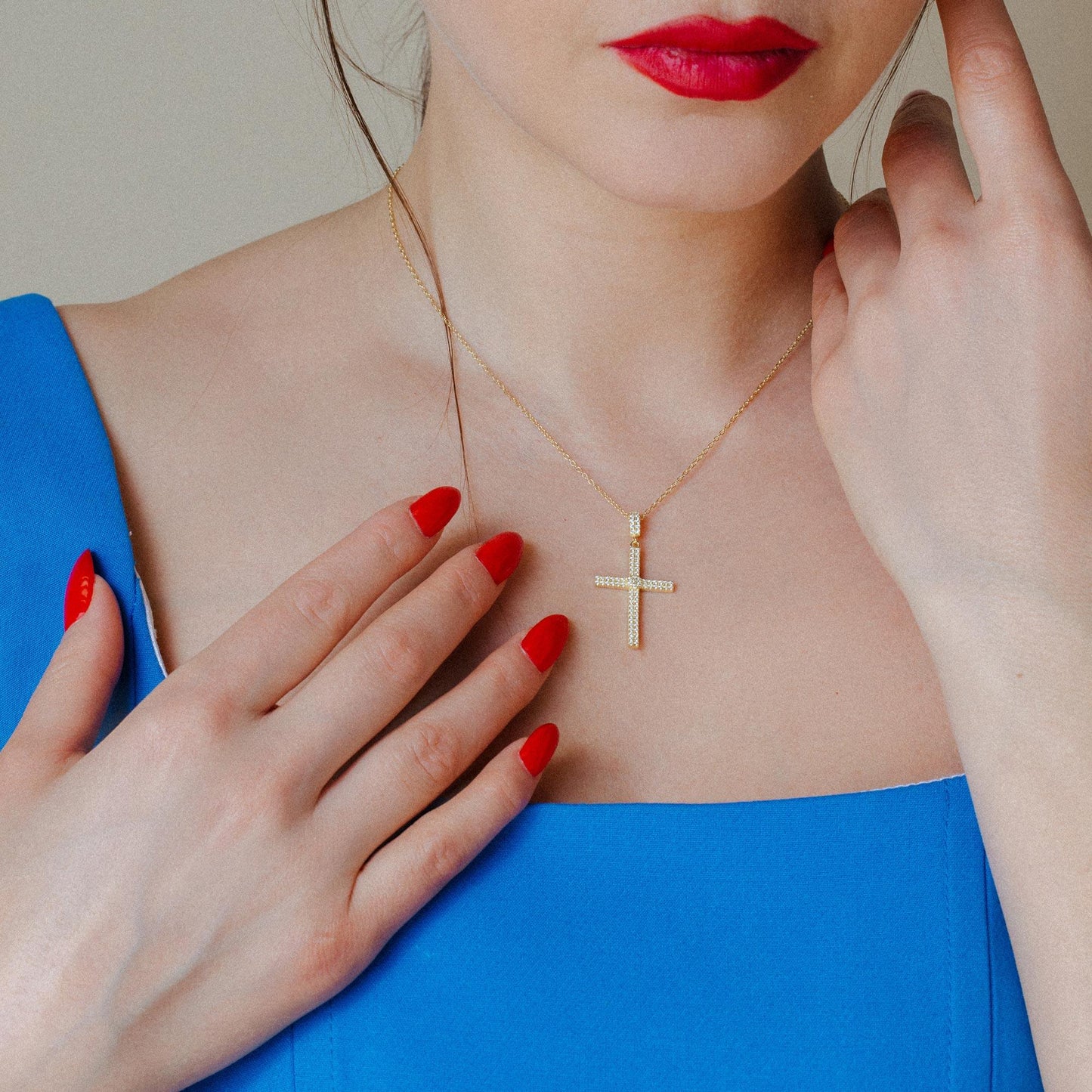 Silver 925 Gold Plated Cross Micro Pave CZ Dangling Pendant - ACP00080GP