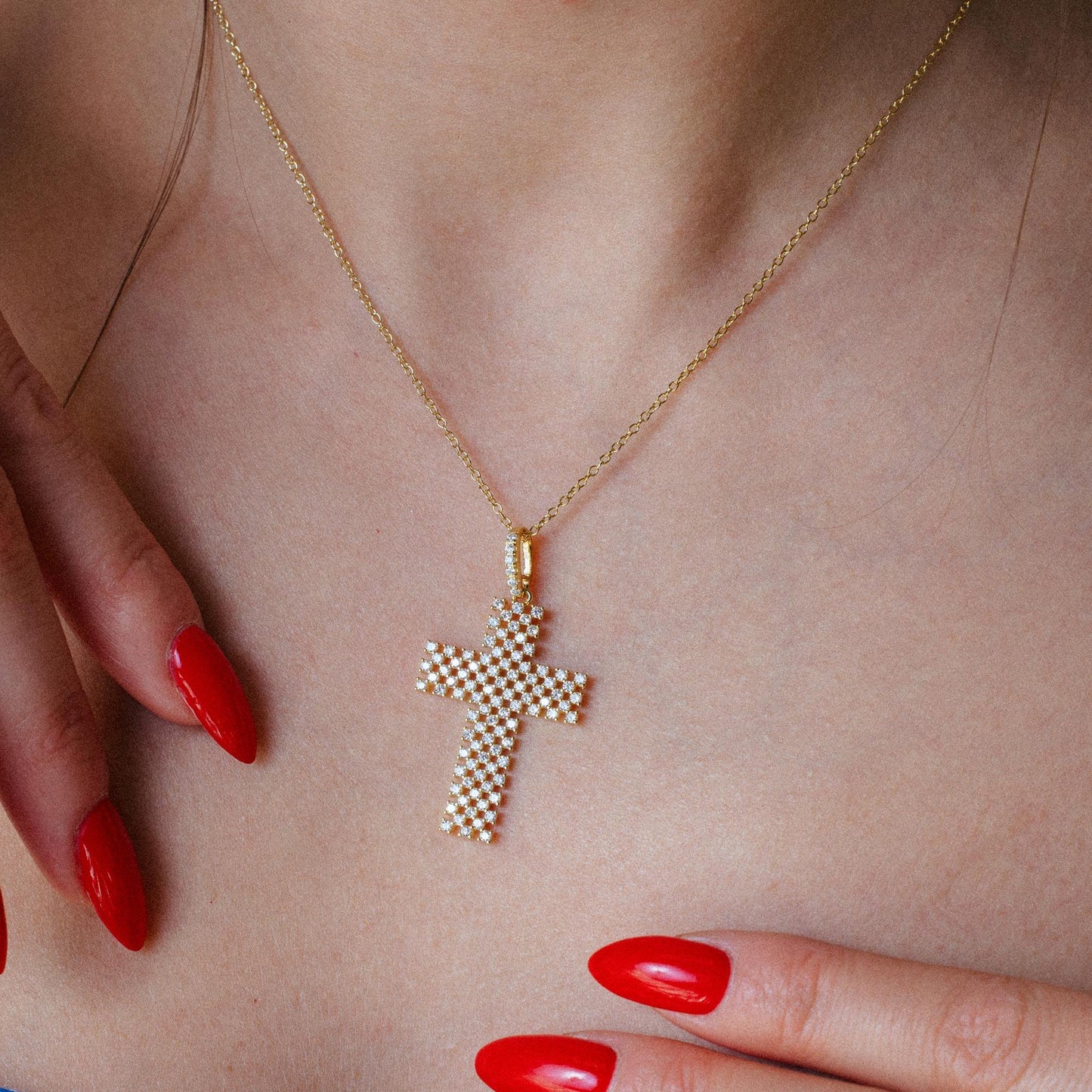 Silver 925 Rose Gold Plated Open Checkered Cross CZ Pendant - ACP00093GP