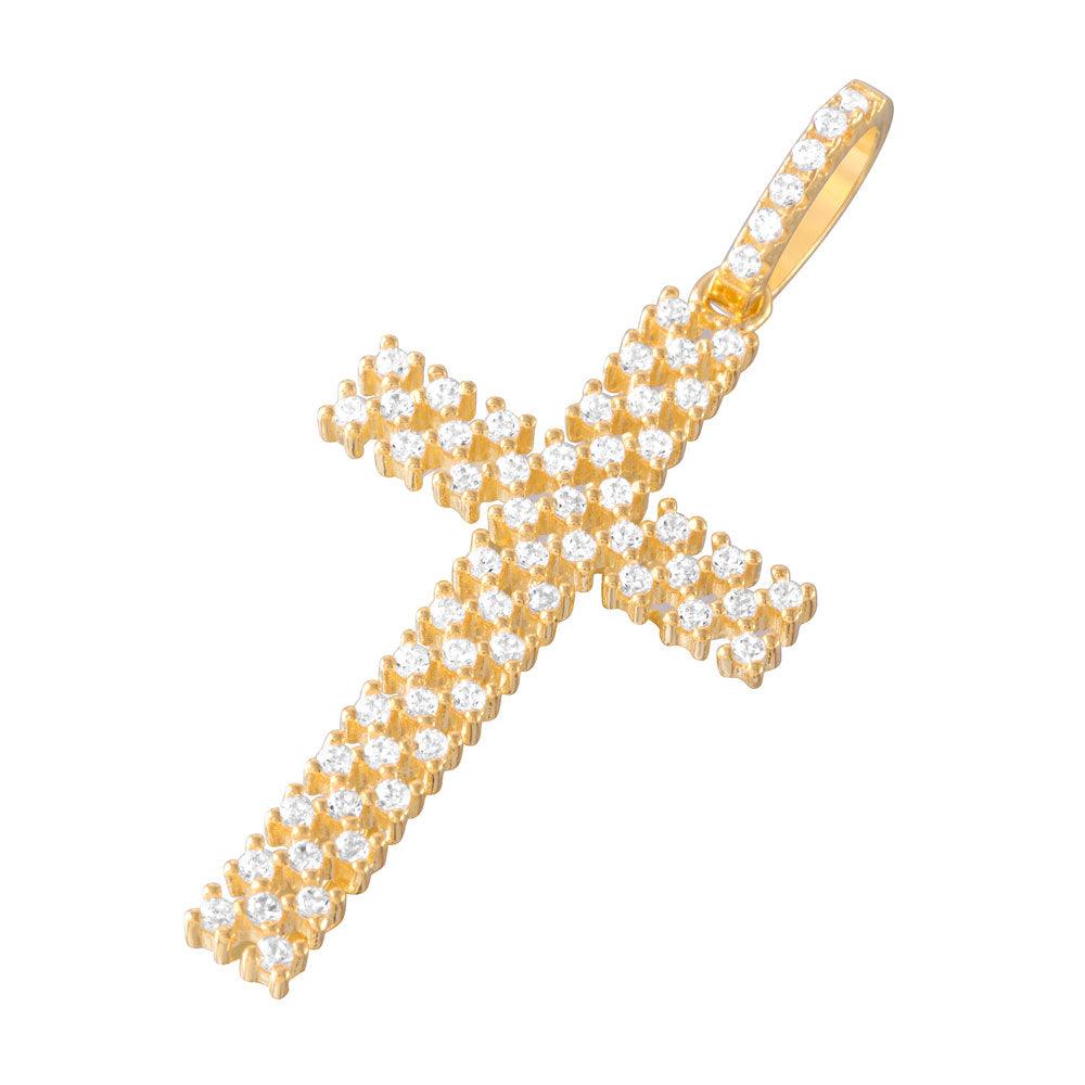 Silver 925 Gold Plated Thin Open Checkered Cross CZ Pendant - ACP00094GP