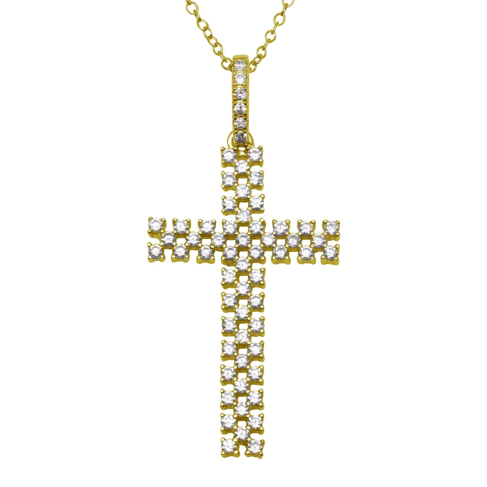 Silver 925 Gold Plated Thin Open Checkered Cross CZ Pendant - ACP00094GP | Silver Palace Inc.