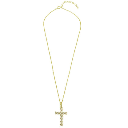 Silver 925 Gold Plated Thin Open Checkered Cross CZ Pendant - ACP00094GP