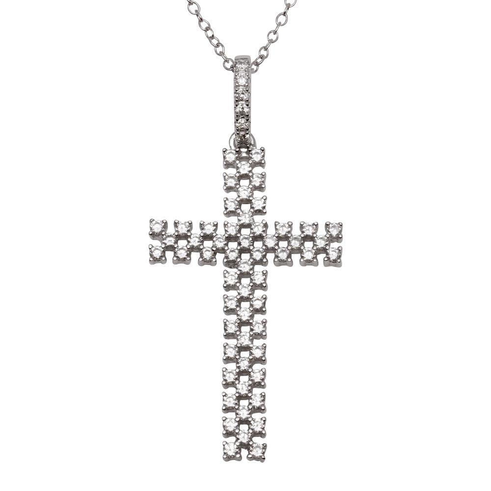 Silver 925 Rhodium Plated Thin Open Checkered Cross CZ Pendant - ACP00094RH | Silver Palace Inc.