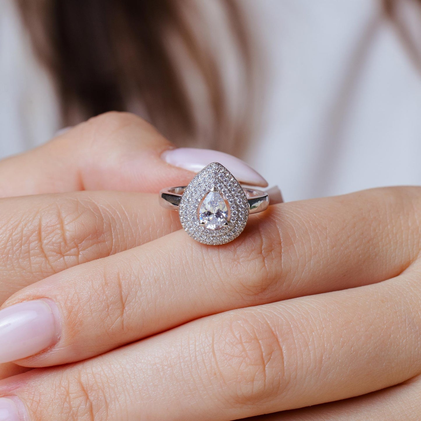 Silver 925 Rhodium Plated Micro Pave Clear Center CZ Multi Layer Tear Ring - ACR00056