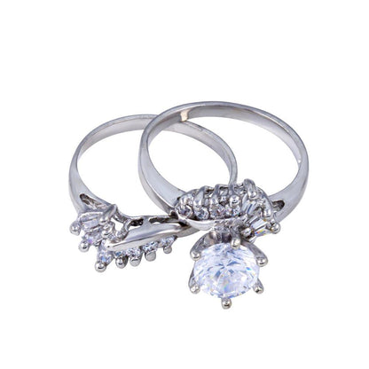Silver 925 Rhodium Plated Clear Solitaire Baguette and Round CZ Engagement Ring Set - ANT00018