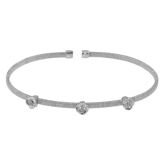 Silver 925 Rhodium Plated Three Rose Cuffs with CZ - ARB00008RH | Silver Palace Inc.