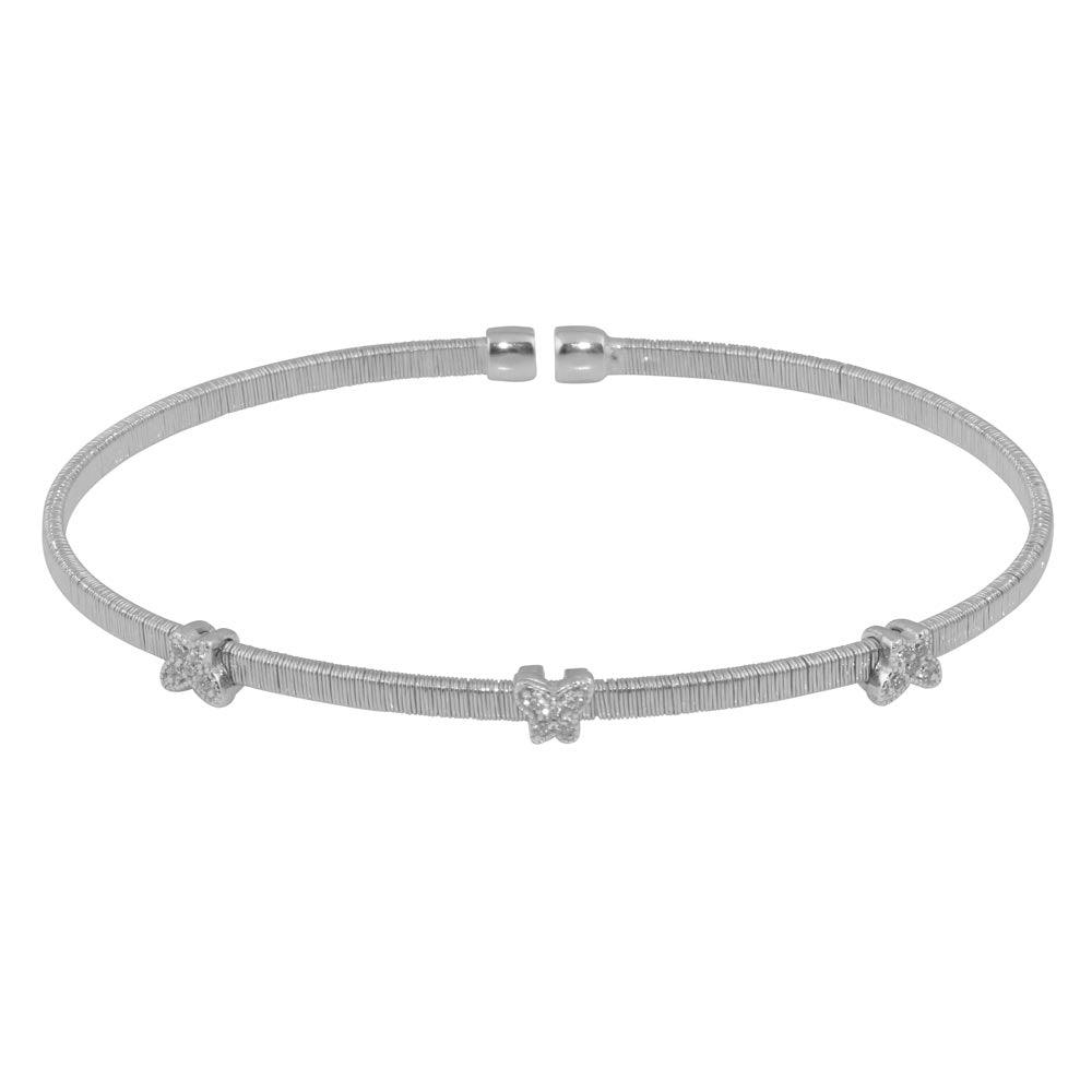 Silver 925 Rhodium Plated Three Butterfly Open Bangle with CZ - ARB00010RH | Silver Palace Inc.