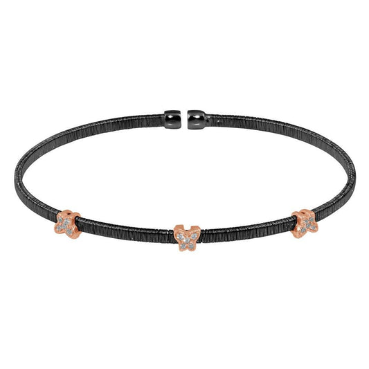 Silver 925 Black Rhodium Plated Three Butterfly Open Bangle with CZ - ARB00010BLK | Silver Palace Inc.
