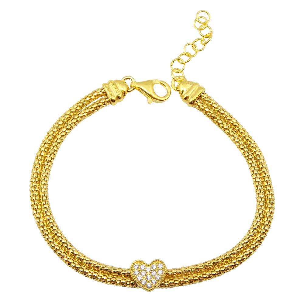 Silver 925 Gold Plated Heart and Double Chain Bracelet with CZ - ARB00016GP | Silver Palace Inc.