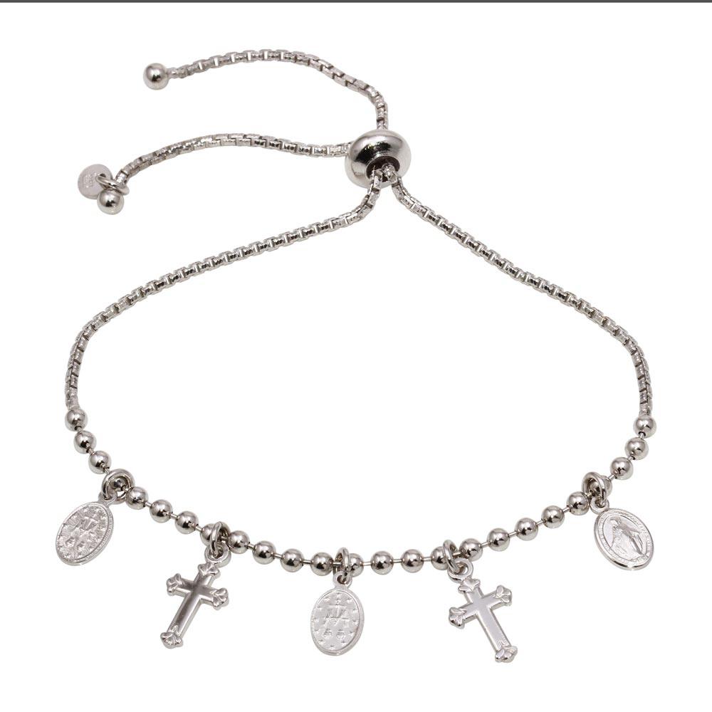 Silver 925 Rhodium Plated Medallion and Cross Charm Bracelets - ARB00049RH | Silver Palace Inc.